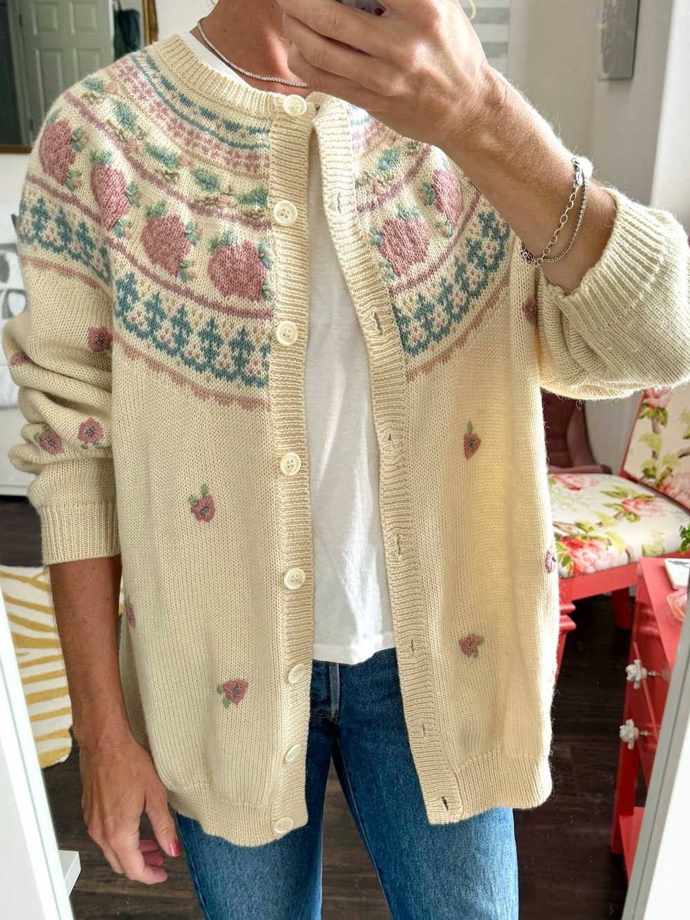 Vintage Charter Club 100% Wool Rose Fair Isle Cardigan Floral Sweater L